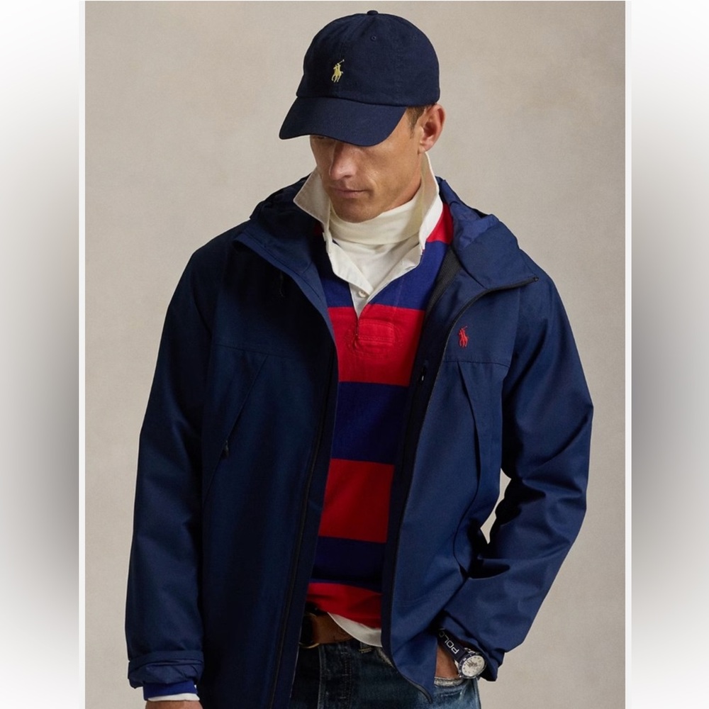 Polo Ralph Lauren Eastland Lined Hooded Jacket Large Navy water resistant NWOT‎